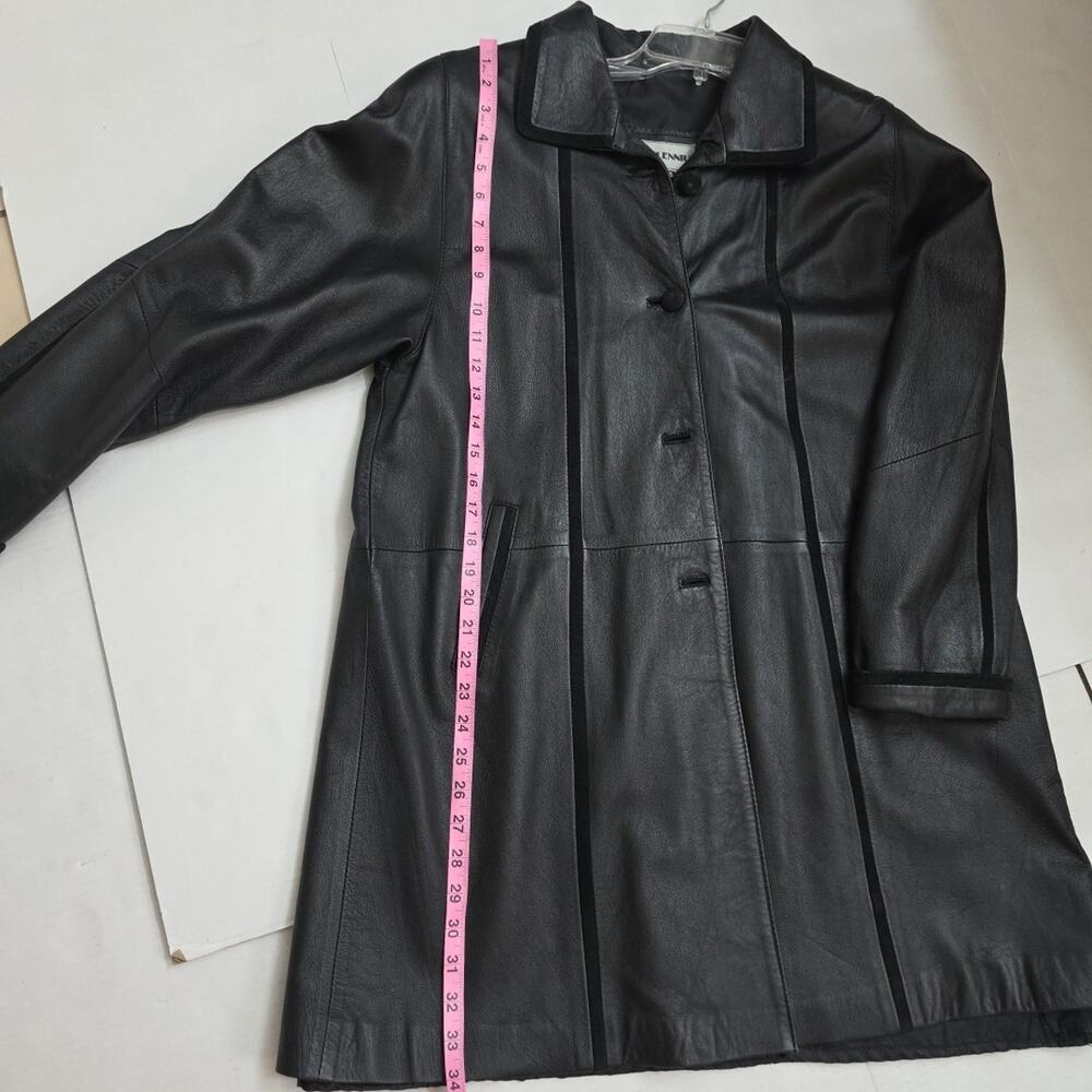 Vintage Y2K Genuine Leather Oversized Trench Coat Mid Length Button Front Sz S - Picture 6 of 9